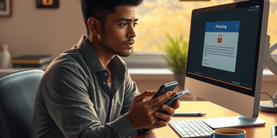 Scam victim sat at computer with a concerned look on his face