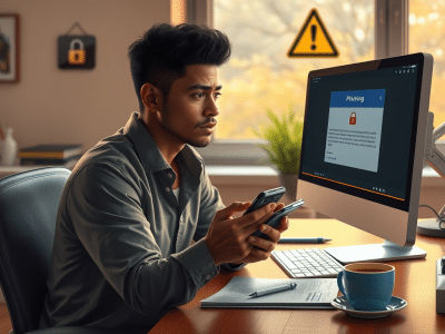 Scam victim sat at computer with a concerned look on his face