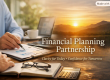 A professional image showing a financial adviser and client reviewing charts beside a laptop, with a serene sunset landscape symbolising clarity and confidence.