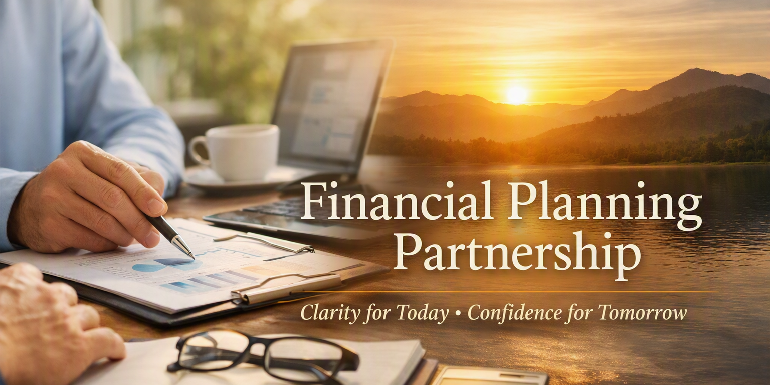 A professional image showing a financial adviser and client reviewing charts beside a laptop, with a serene sunset landscape symbolising clarity and confidence.