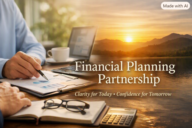 A professional image showing a financial adviser and client reviewing charts beside a laptop, with a serene sunset landscape symbolising clarity and confidence.