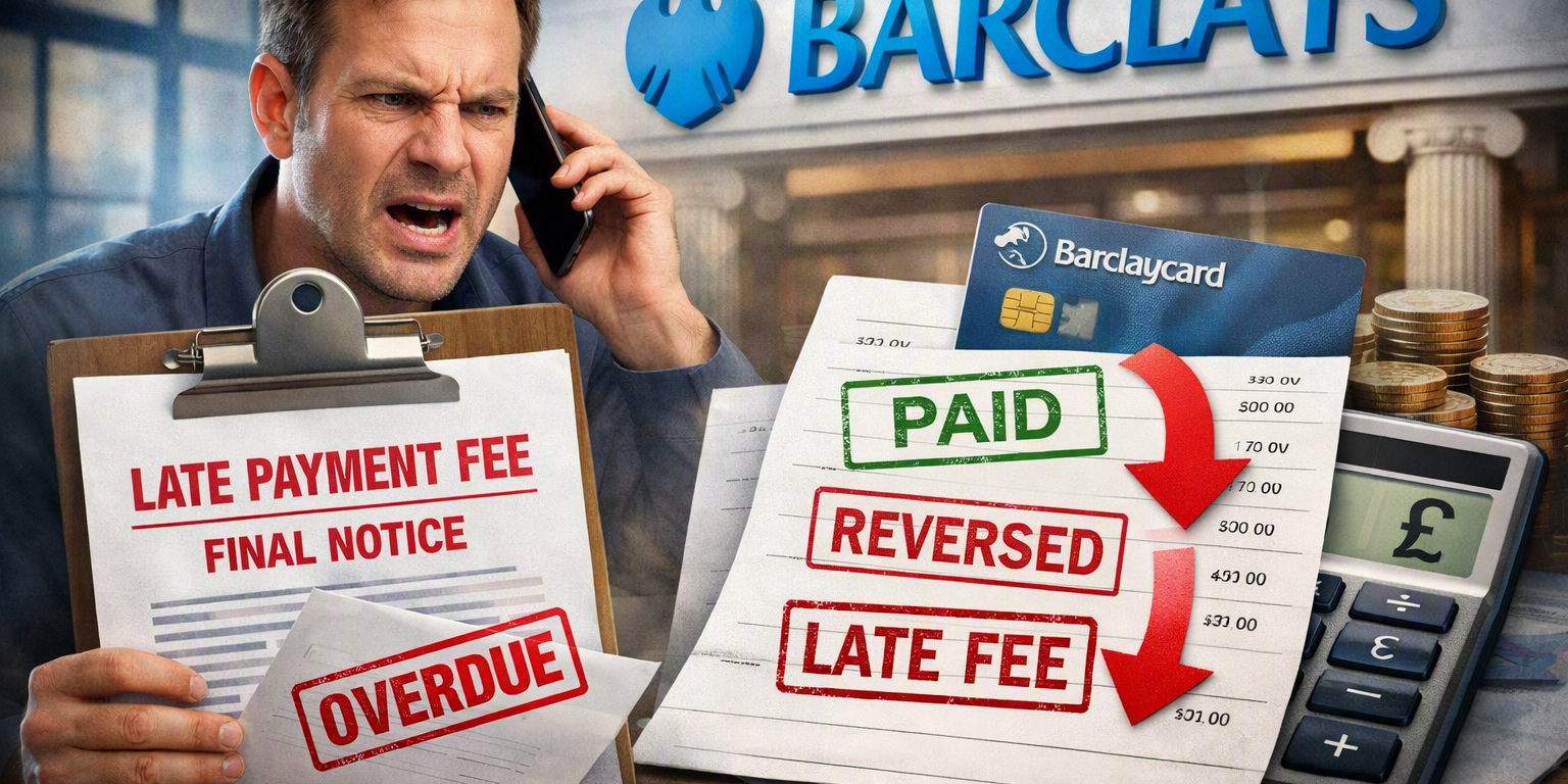 Angry man on phone holding overdue notice beside Barclays logo, credit card, and calculator showing reversed payment and late fee.