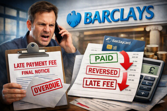 Angry man on phone holding overdue notice beside Barclays logo, credit card, and calculator showing reversed payment and late fee.