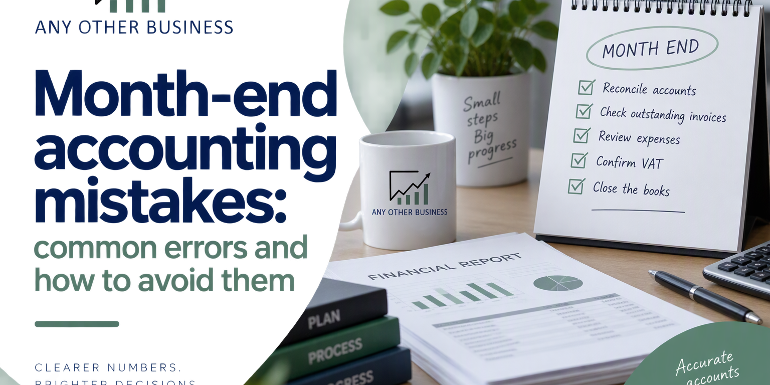 Professional bookkeeping and accounting concept featuring financial charts, graphs and business reporting in the Any Other Business brand colours.