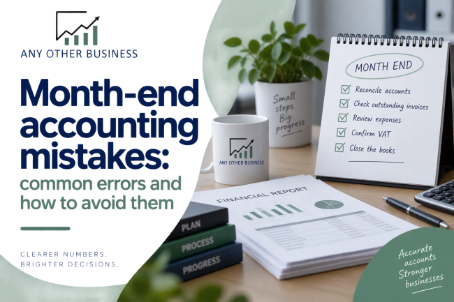 Professional bookkeeping and accounting concept featuring financial charts, graphs and business reporting in the Any Other Business brand colours.